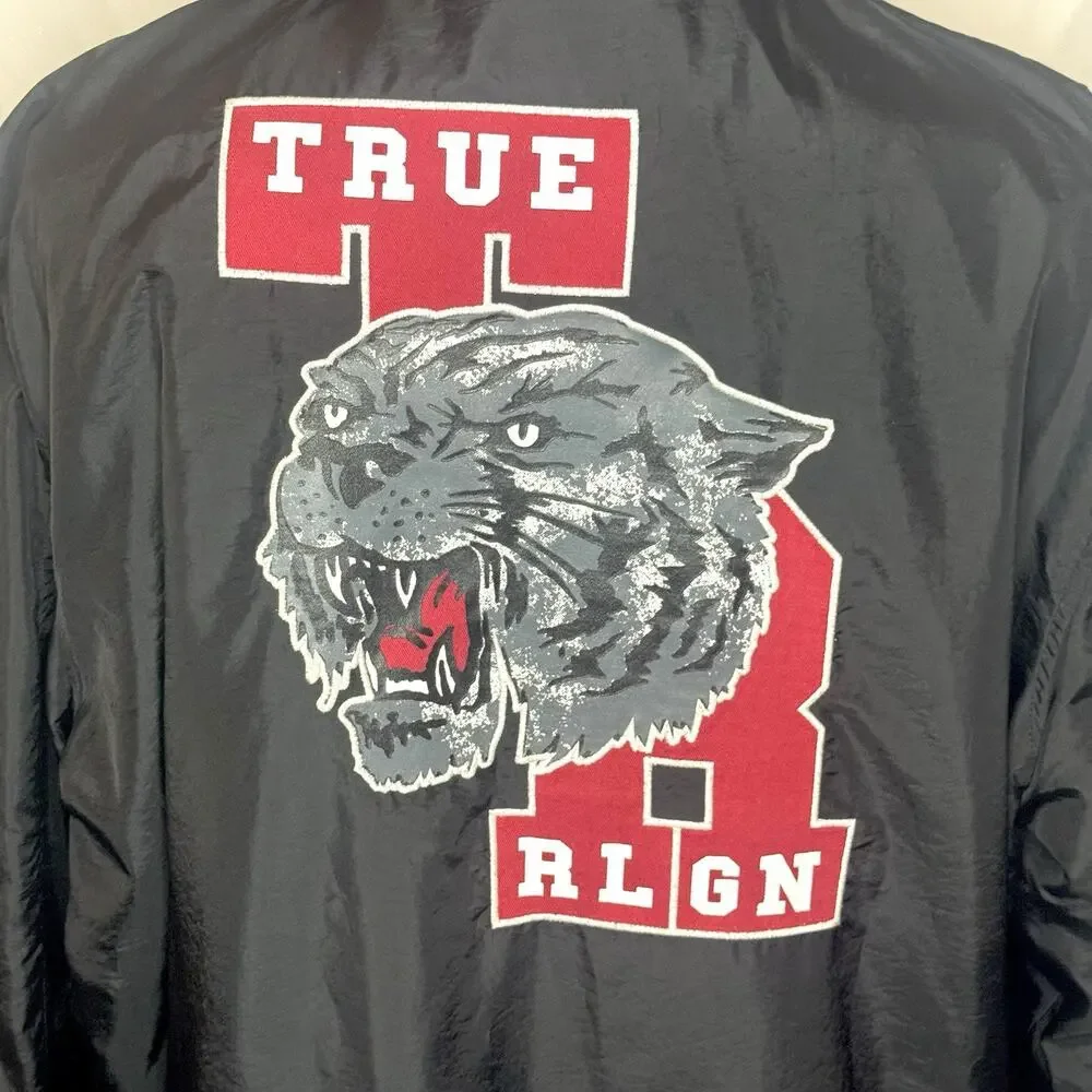 True Religion Varsity Jacket Mens 3XL Black Hooded Snap Front Panther Patch Y2K